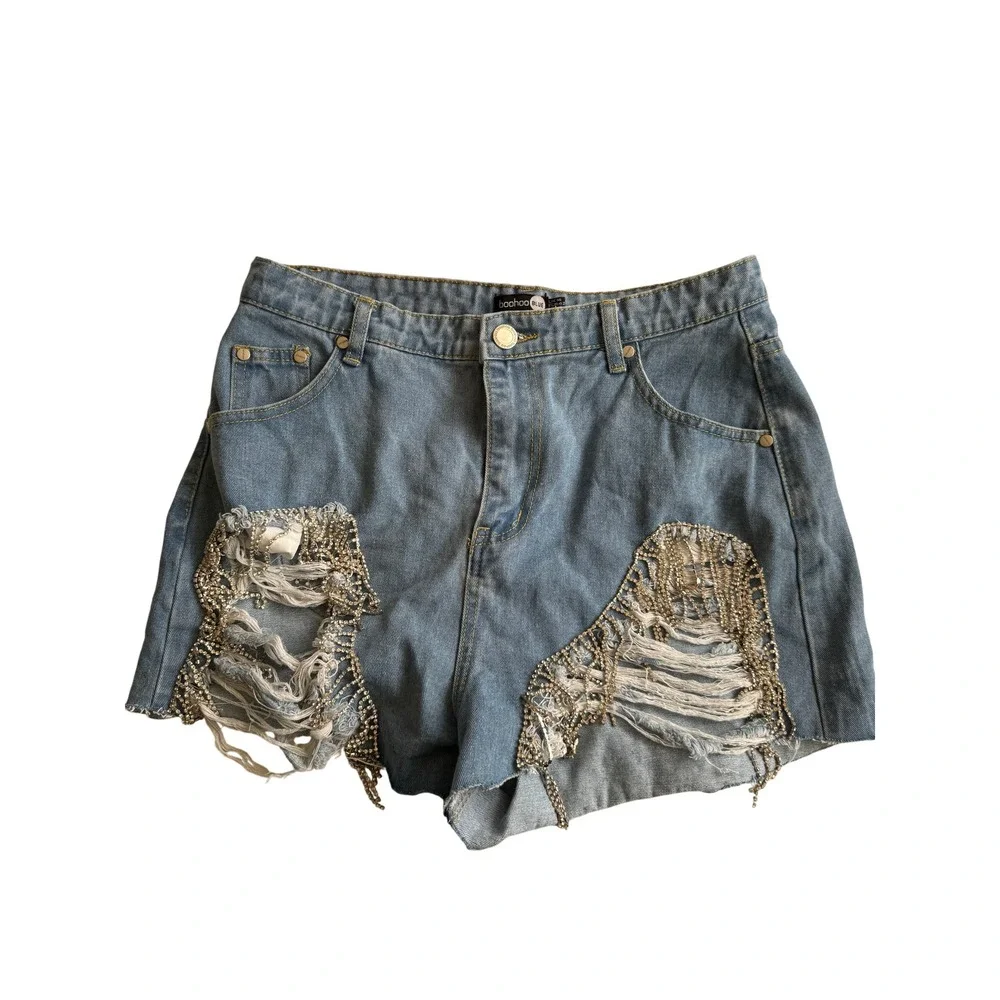 Boohoo Blue Women's Light Wash Rhinestone Distressed Denim Shorts Size US 10
